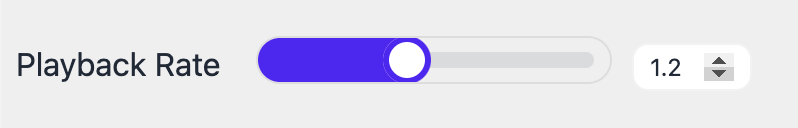 Image of the Playback Rate implemetation in the Hyperaudio Lite Editor showing a slider combined with a text input box that allows the value to be incremented and decremented