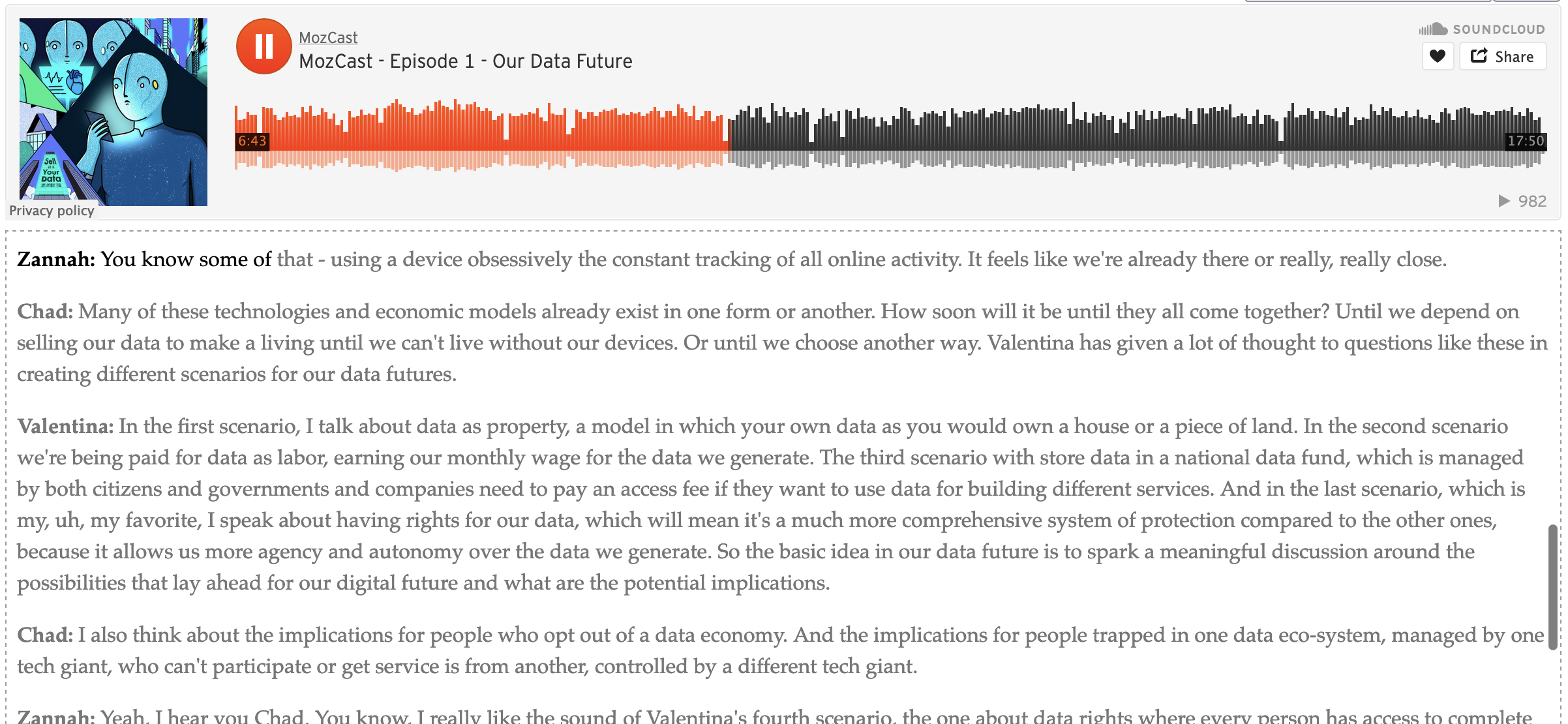 An image of the Hyperaudio Lite Library being used with Soundcloud which features a waveform