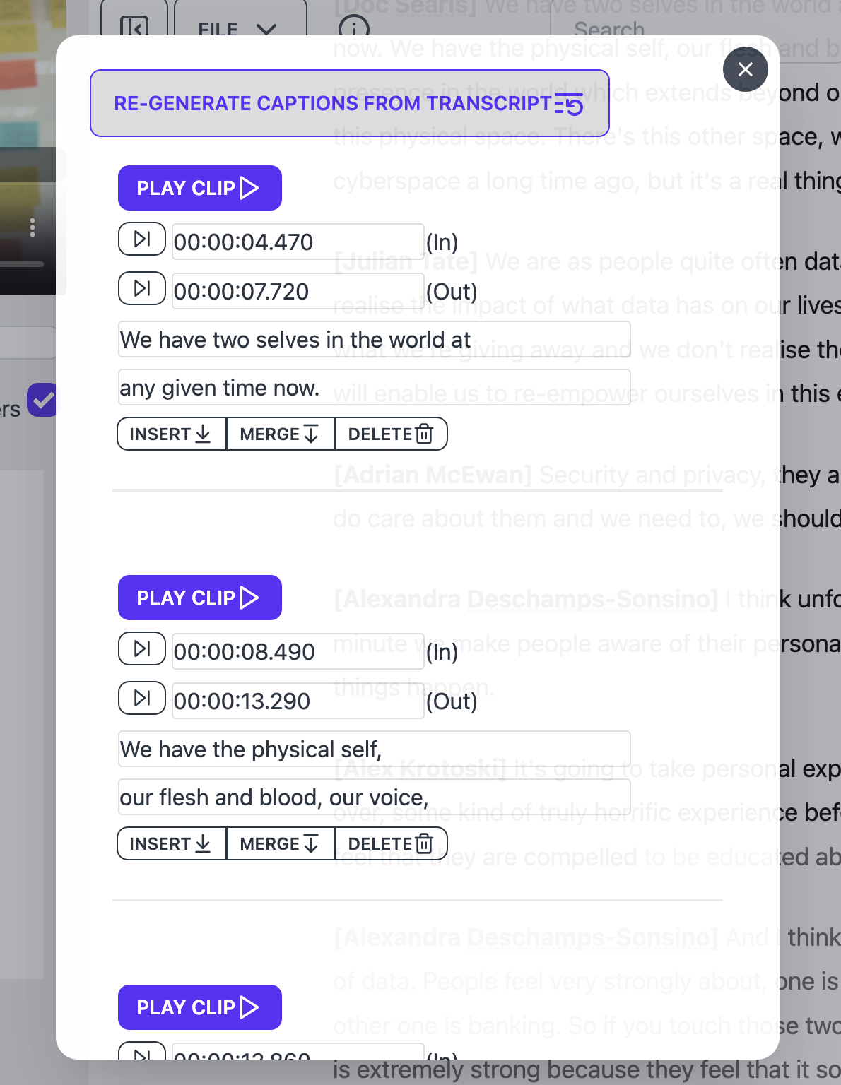 The Hyperaudio Lite Editor's caption editing functionality showing a series of in/out timees and associated text with buttons to control playback of the caption and ability to insert, merge or delete captions