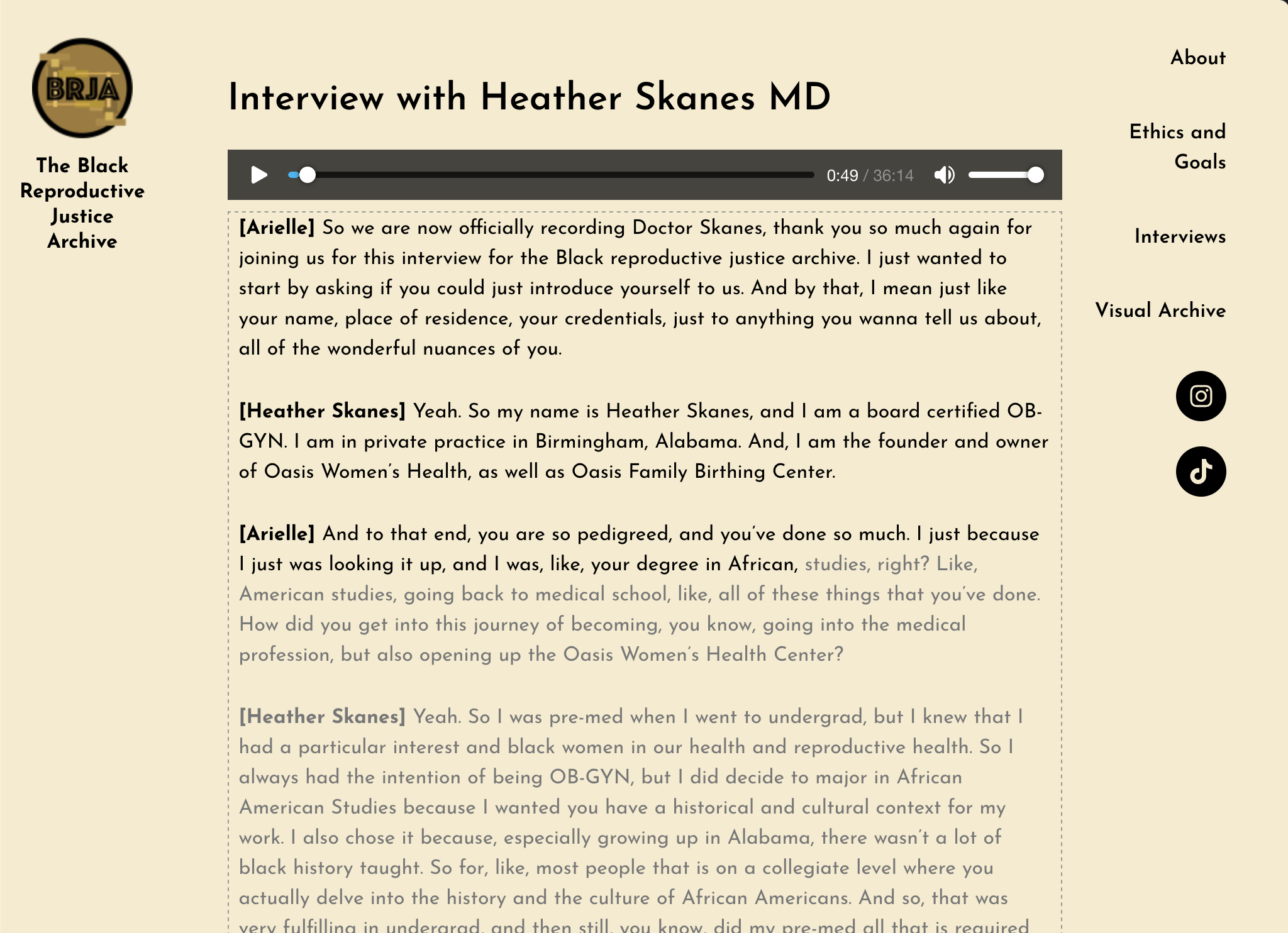 An image of an interactive transcript being played – part of The Black Reproductive Justice Archive