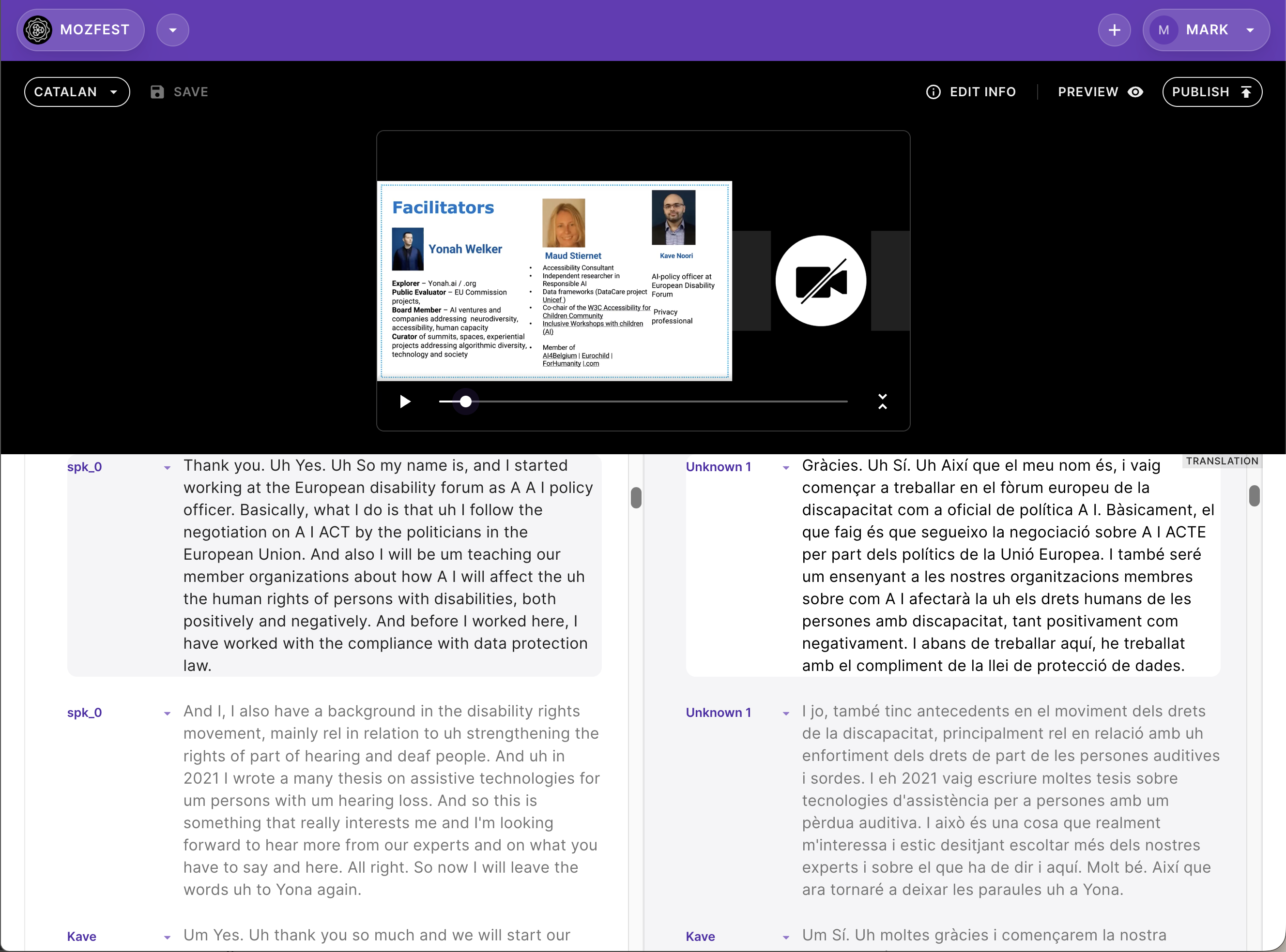screenshot of the translation flow from the Hyperaudio for Conferences Prototype showing Original English on the left and Catalan on the right