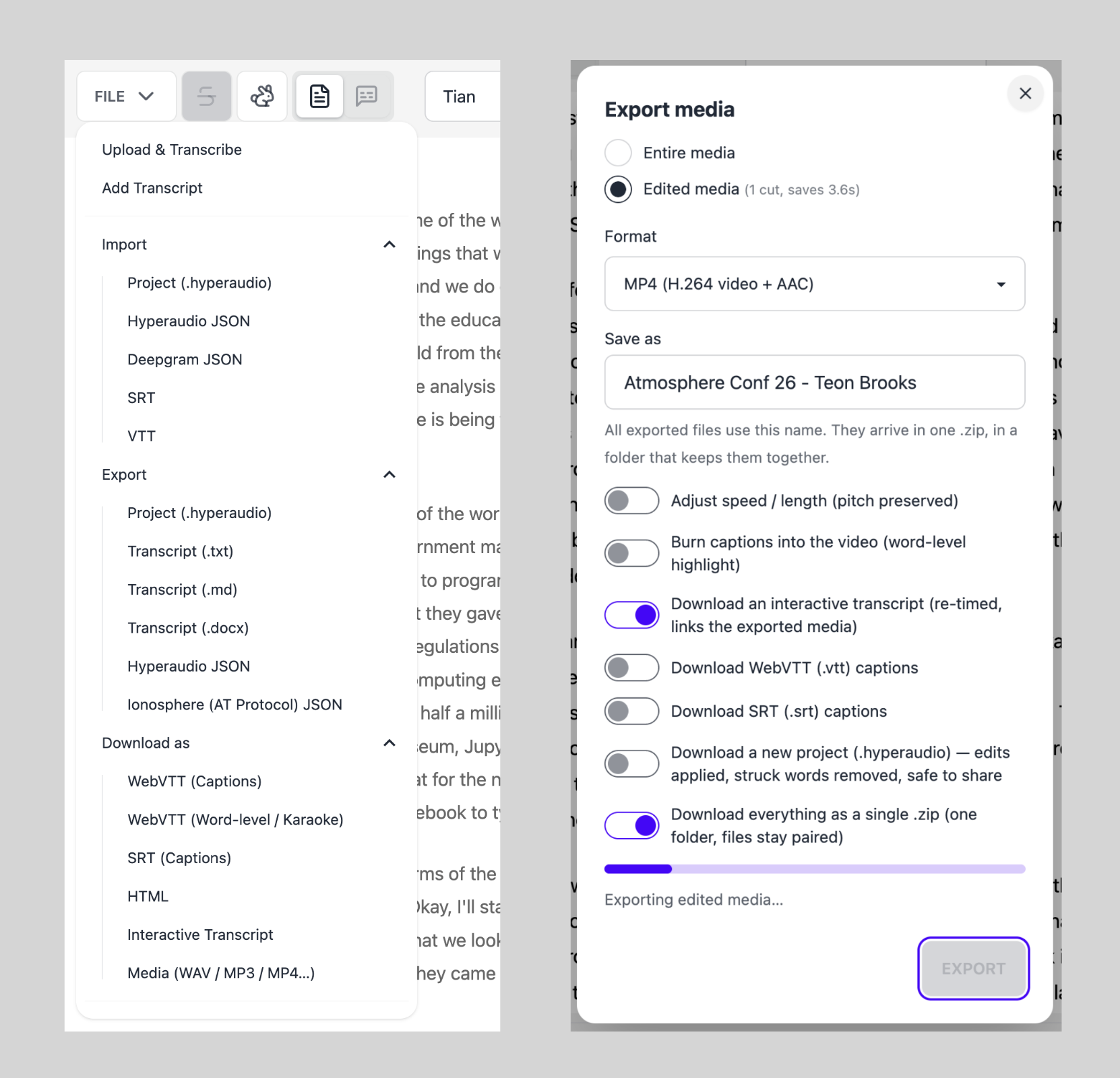 Dropdown menu with options to import, export and download in various formats, including WebVTT, SRT, JSON, HTML and Export modal with options to adjust speed and burn in captions