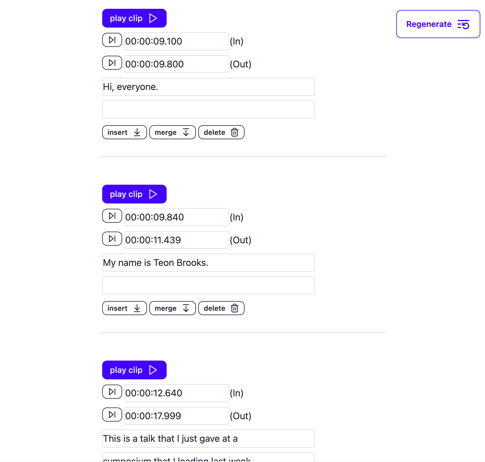 Caption Editor screenshot showing 3 captions with timings and various editing options - insert, merge, delete