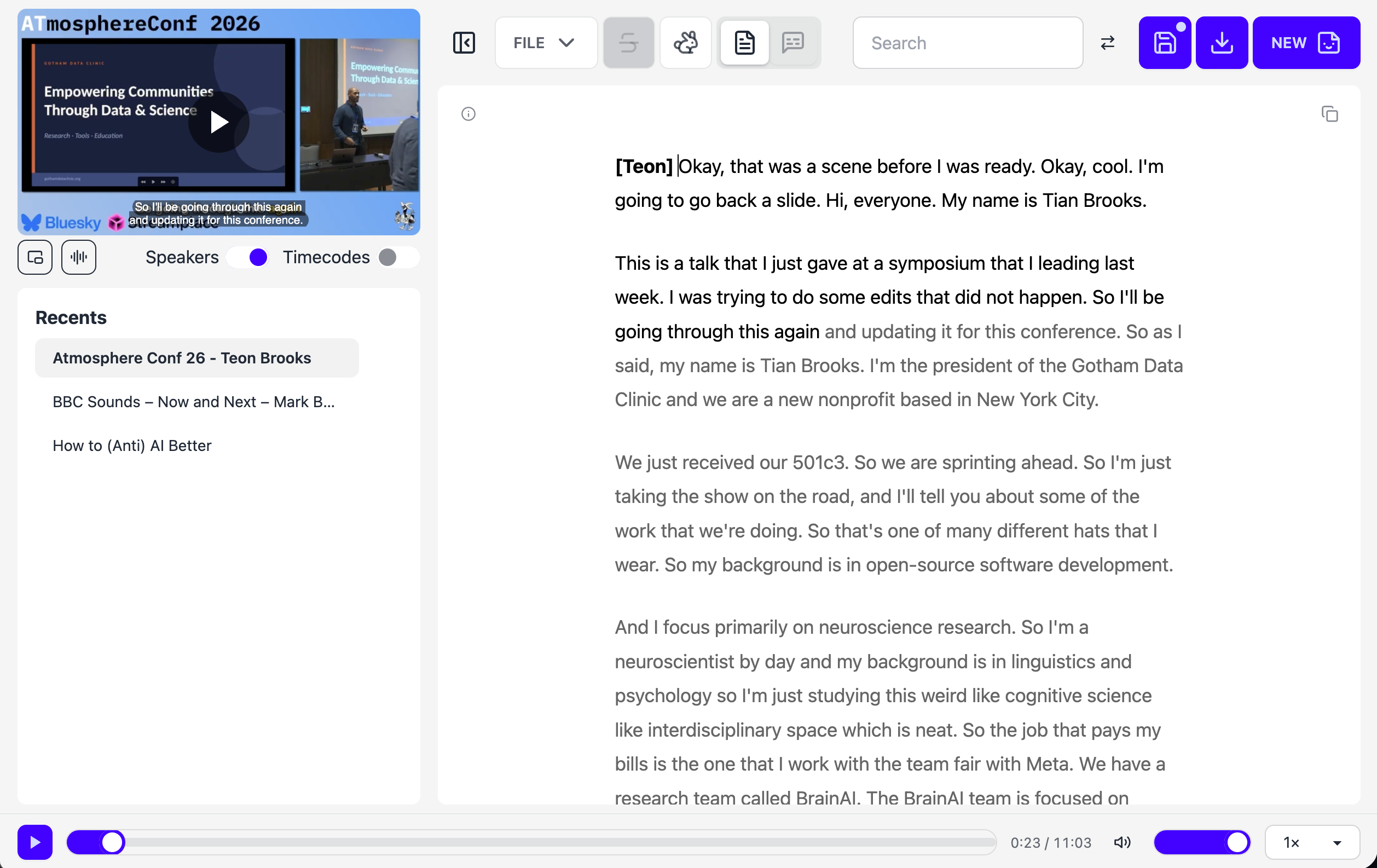 Main screen of the Hyperaudio Lite Editor showing a video with recent files below on the left-hand pane and a transcript in the right hand pane with a toolbar above it and media controls below